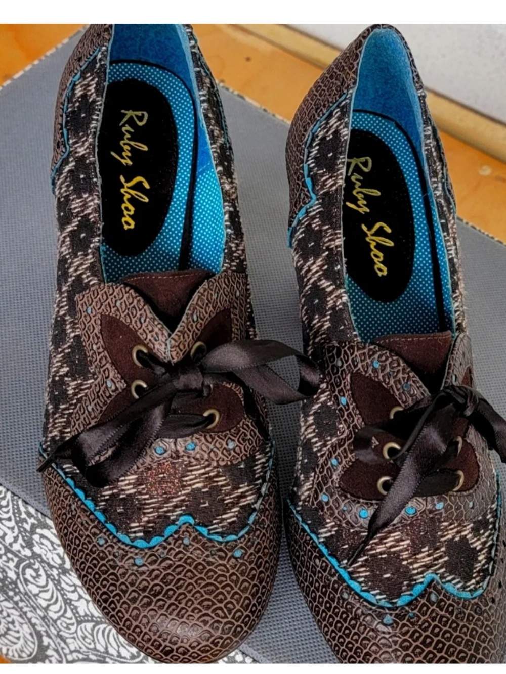 Ruby Shoo Modcloth Brown Brogue Heels with Teal Accents
